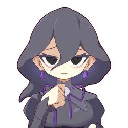  1girl afuron black_eyes black_hair closed_mouth dress earrings eyelashes hand_up hex_maniac_(pokemon) highres jewelry long_bangs long_hair long_sleeves looking_at_viewer pokemon pokemon_legends:_z-a simple_background solo upper_body white_background 