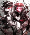  1girl breasts dark_persona gloves glowing glowing_eyes graf_zeppelin_(kantai_collection) hat kantai_collection kito_(kito2) large_breasts long_hair peaked_cap red_eyes shinkaisei-kan smile solo turret twintails 