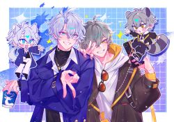  2boys ahoge animal_ear_fluff animal_ears antenna_hair black-framed_eyewear black_boots black_jacket black_pants black_shoes black_sweater blue_background blue_eyes blue_jacket blush boots border brown-tinted_eyewear caelus_(honkai:_star_rail) caelus_(world_tour_2023)_(honkai:_star_rail) cellphone checkered_background chibi chibi_inset collarbone collared_shirt crossed_arms crossed_bangs cup disposable_coffee_cup disposable_cup dog_ears dog_tail double_v fingernails full_body gold_necklace grey_hair hair_between_eyes hand_on_another&#039;s_shoulder highres holding holding_cup holding_phone honkai:_star_rail honkai_(series) hood hoodie jacket jewelry kemonomimi_mode long_sleeves looking_at_another looking_at_viewer male_focus multiple_boys necklace official_alternate_costume one_eye_closed open_clothes open_jacket open_mouth open_shirt outside_border pants phainon_(honkai:_star_rail) phainon_(luckin_coffee)_(honkai:_star_rail) phone puffy_long_sleeves puffy_sleeves purple_background raccoon_ears raccoon_tail second-party_source shirt shoes short_hair smartphone smile standing star_(symbol) sunglasses sweater tail teeth tinted_eyewear trailblazer_(honkai:_star_rail) turtleneck turtleneck_sweater two-tone_background unworn_eyewear upper_body v white_border white_hoodie white_pants white_shirt wristband yellow_eyes 