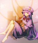  1girl barefoot book capelet coat crescent dress eredhen hair_ribbon hat long_hair mob_cap open_clothes open_coat patchouli_knowledge purple_hair reading ribbon sitting solo star striped striped_dress touhou tress_ribbon very_long_hair violet_eyes 