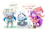  armor blue_skin english iei league_of_legends long_hair lulu_(league_of_legends) multiple_girls one_eye_closed photo_(object) pointy_ears poppy poro_(league_of_legends) short_hair sueyen tears tristana twintails very_long_hair white_hair yordle 