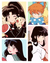  1boy 3girls animal_on_shoulder armor arrow_(projectile) black_bodysuit black_hair blue_background blue_bow blue_eyes blue_pants blue_shirt blunt_bangs blush bodysuit border bow breasts brown_eyes brown_hair cat cat_on_shoulder closed_mouth crossed_arms demon_boy eyeshadow facial_mark forehead_mark fox_tail furrowed_brow green_background green_sailor_collar hair_bow hair_tie highres higurashi_kagome inuyasha japanese_clothes kikyou_(inuyasha) kirara_(inuyasha) long_hair low_ponytail makeup medium_breasts miko multiple_girls neckerchief one_eye_closed open_mouth orange_hair pants parted_bangs pink_background pointy_ears polo_tokki ponytail purple_eyeshadow quiver red_eyes red_neckerchief red_skirt sailor_collar sango_(inuyasha) school_uniform shippou_(inuyasha) shirt shoulder_armor sidelocks skirt slit_pupils smile tail upper_body white_border white_shirt yellow_background 