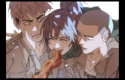  1girl 2boys arm_around_shoulder bacon blonde_hair blush brown_hair brown_jacket cloak closed_eyes connie_springer drooling eating food food_in_mouth furrowed_brow green_cloak grey_hair grey_shirt hair_between_eyes jacket jean_kirstein long_hair looking_at_another military_jacket mouth_drool multiple_boys open_mouth otakubblack ponytail sasha_blouse shingeki_no_kyojin shirt short_hair smile sweatdrop upper_body very_short_hair white_background 