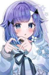  1girl black_choker blue_eyes blue_hair blue_hoodie blue_nails blush choker drop_shadow four-finger_heart_hands gradient_hair hair_ornament heart heart_hands highres hood hoodie looking_at_viewer multicolored_hair open_mouth solo star_(symbol) tsumugi_kokage upper_body virtual_youtuber vspo! white_background yunagi_(yng_hoti) 