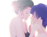  1boy 1girl bangs bare_shoulders bishoujo_senshi_sailor_moon black_moon_clan blue_hair blurry bokeh breasts cleavage depth_of_field eye_contact face-to-face from_side green_eyes green_hair hair_bun hand_in_hair hand_on_another&#039;s_face hetero holding_hands long_hair looking_at_another parted_lips petz_(sailor_moon) saki_(hxaxcxk) saphir_(sailor_moon) sleeveless upper_body white_background 