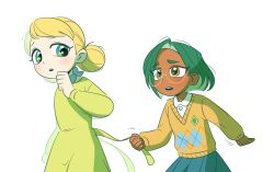  2girls argyle_clothes argyle_sweater blonde_hair blue_eyes bow_in_eye brown_eyes commentary_request diamond_in_eye double_bun dress glasses green_hair green_leaf_(rainbow_bubblegem) hair_bun highres holding holding_ribbon korean_commentary long_sleeves looking_at_another looking_back multiple_girls open_mouth rainbow_bubblegem ribbon round_eyewear sharkanddino short_hair simple_background skirt standing sweater symbol_in_eye white_background yellow_dress yellow_gold_(rainbow_bubblegem) yellow_ribbon yellow_sweater 