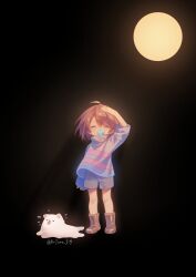  1other :3 ^_^ absurdres ahoge animal ankle_boots annoying_dog arm_at_side arm_up black_background boots brown_boots brown_hair child closed_eyes closed_mouth commentary dog double-parted_bangs eating english_commentary facing_up flying_sweatdrops food food_in_mouth frisk_(undertale) full_body glowing grey_shorts grey_sweater hair_between_eyes hand_on_own_head highres hot kiriyume long_sleeves mouth_hold other_focus pink_sweater popsicle popsicle_in_mouth puffy_long_sleeves puffy_sleeves raised_eyebrow short_hair shorts simple_background sleeve_rolled_up solo standing striped_clothes striped_sweater sun sweat sweater tongue tongue_out turtleneck turtleneck_sweater twitter_username undertale utdr_(toby_fox) white_dog 