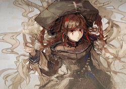  1girl brown_dress brown_hair closed_mouth collar commentary cowboy_shot dress earrings expressionless facepaint hand_up hat jewelry long_hair long_sleeves looking_at_viewer mark_under_both_eyes nyannsaka original red_eyes signature solo 