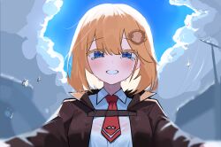  1girl blonde_hair blue_eyes blue_sky blush bob_cut breasts brown_jacket clouds cloudy_sky collared_jacket collared_shirt commentary crying crying_with_eyes_open day dot_nose from_below hair_between_eyes hair_ornament hololive hololive_english jacket long_sleeves looking_at_viewer medium_breasts medium_hair necktie open_mouth outdoors power_lines raised_eyebrows red_necktie shirt short_necktie sky smile solo swept_bangs teardrop tears upper_body watson_amelia watson_amelia_(1st_costume) white_shirt wingcat 