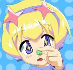  1girl artist_request blonde_hair blue_eyes blush candy commentary_request concrete_revolutio drooling earth-chan saliva solo star star-shaped_pupils symbol-shaped_pupils 