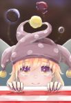  1girl american_flag ba9ked blonde_hair blurry blush clownpiece dark depth_of_field earth_(ornament) face fairy_wings fingernails glowing gold_chain gradient_eyes hat hecatia_lapislazuli jester_cap long_hair looking_at_viewer moon_(ornament) multicolored_eyes peeking_out smile solo touhou violet_eyes wings yellow_eyes 