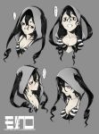  1girl angry arisawa_kuro bags_under_eyes black_eyes black_hair blush bra breasts character_sheet cleavage happy highres hoodie monochrome open_mouth original pale_skin simple_background solo striped striped_bra twintails underwear 