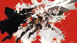  2girls armor black_bodysuit black_boots black_cape black_thighhighs black_veil black_vs_white bodysuit boots breasts cape commentary copyright_notice couter demon_horns dual_persona fighting_stance floating_cape framed_breasts gauntlets greaves head_wings high_heel_boots high_heels highres holding holding_polearm holding_sword holding_weapon hololive horns juliet_sleeves leotard long_sleeves looking_at_another medium_breasts multiple_girls official_art orange_eyes pink_hair pink_wings polearm puffy_sleeves red_background short_hair solani sword takane_lui thigh-highs thigh_boots veil virtual_youtuber weapon white_cape white_leotard wings 