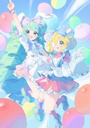  2girls angel_wings animal_ears animal_slippers apron aqua_eyes aqua_hair aqua_slippers arm_up bag balloon bell blonde_hair blue_bow bow bunny_slippers commentary commission cutesu_(character) double_bun dress drill_hair english_commentary eyepatch frilled_apron frilled_bow frilled_dress frills hair_bell hair_between_eyes hair_bow hair_bun hair_ornament highres jingle_bell kneehighs loafers long_hair looking_at_viewer medical_eyepatch miruku_(cutesu) multiple_girls nnmbpx one_eye_covered open_mouth original pink_bow pink_dress pink_socks puffy_short_sleeves puffy_sleeves rabbit_ears shoes short_hair short_sleeves shoulder_bag skeb_commission sleeve_bow sleeves_past_fingers sleeves_past_wrists slippers smile socks very_long_hair waist_apron white_apron white_bag white_bow white_shoes white_wings white_wrist_cuffs wings wrist_cuffs 