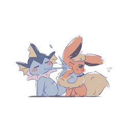  animal_focus blue_fur blush brown_eyes closed_eyes closed_mouth commentary fins flareon foznya head_fins highres neck_fur no_humans one_eye_closed orange_fur pokemon pokemon_(creature) pokemon_focus pokemon_move simple_background symbol-only_commentary tail vaporeon water water_gun_(pokemon) white_background yellow_fur 