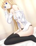  1girl absurdres bed between_breasts black_legwear black_panties blonde_hair blue_eyes full_body highres lexington_(zhan_jian_shao_nyu) long_hair looking_at_viewer mecha_musume navel open_clothes open_shirt panties personification shirt sitting solo thigh-highs underwear very_long_hair wariza wujojin zhan_jian_shao_nyu 