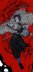  1girl animal_print bug butterfly butterfly_hair_ornament butterfly_print demon_slayer_uniform guki_12345678 hair_ornament haori highres japanese_clothes katana kimetsu_no_yaiba kochou_shinobu print_haori purple_butterfly solo sword sword_writing weapon 