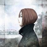  1girl album_cover bridge cover high_collar lipstick makeup official_art red_lipstick redhead sadamoto_yoshiyuki short_hair signature tree utada_hikaru 