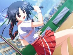  akiiro_renka black_hair bow brown_eyes game_cg long_hair nanjou_ibuki non-web_source open_mouth racket red_bow ribbon side_ponytail skirt sportswear tennis tennis_court tennis_uniform tsukimori_hiro 