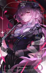  1girl absurdres asymmetrical_dress black_dress black_gloves black_umbrella breasts dress evernight_(honkai:_star_rail) flower gloves hair_flower hair_ornament half-closed_eyes highres holding holding_umbrella honkai:_star_rail honkai_(series) large_breasts long_hair looking_at_viewer march_7th_(honkai:_star_rail) parted_lips pepeti_q pink_hair red_eyes solo umbrella umbrella_over_shoulder 