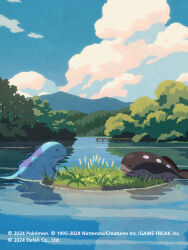  ._. blue_sky clodsire closed_mouth clouds commentary_request company_name copyright_name copyright_notice day dock from_side grass hyogonosuke no_humans outdoors pokemon pokemon_(creature) pokemon_focus pokemon_tcg pokemon_tcg_pocket quagsire sky smile tree water 