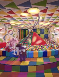  2girls back_bow ball bishoujo_senshi_sailor_moon black_hair boots bow chibi_usa cone_hair_bun double_bun hair_bun highres holding_another's_wrist indoors liminal_space mercuri0ff multiple_girls pink_hair pink_sailor_collar pink_skirt playground pleated_skirt pointing pointing_up purple_boots purple_sailor_collar purple_skirt red_bow sailor_chibi_moon sailor_collar sailor_saturn silence_glaive skirt squatting tomoe_hotaru 