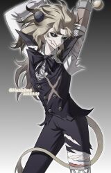  1boy absurdres arched_back arms_up ball bandaged_arm bandaged_leg bandages between_legs billiard_ball black_bow black_pants black_sclera black_vest blonde_hair bow colored_sclera colored_tips frown green_eyes heterochromia highres huaizimo identity_v lion_tail long_hair looking_at_viewer male_focus marcus_thorne multicolored_hair pants posing scar scar_on_chest scar_on_face shirt single_hair_intake tail tail_between_legs vest watermark white_shirt yellow_eyes 