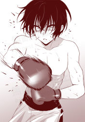  1boy black_hair boxing boxing_gloves boxing_shorts facing_viewer floating_hair flying_sweatdrops monochrome original punching ribs rio_(usagiya) short_hair shorts simple_background surprised sweat toned upper_body watermark 