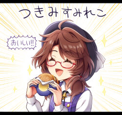  1girl :d black_hat black_ribbon blush brown_hair burger buttons closed_eyes collared_shirt commentary_request emphasis_lines food food_wrapper hands_up hat hat_ribbon holding holding_food keyaki_chimaki long_hair long_sleeves neck_ribbon plaid_clothes plaid_vest purple_vest quimbaya_airplane red-framed_eyewear ribbon shirt smile solo sparkle speech_bubble touhou translation_request tsukimi_burger twintails upper_body usami_sumireko vest white_ribbon white_shirt 