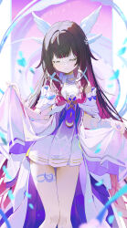  1girl absurdres black_hair body_markings closed_eyes closed_mouth colored_inner_hair columbina_(genshin_impact) coria dress eye_mask facing_viewer genshin_impact head_wings highres lifting_own_clothes long_hair multicolored_hair multiple_wings pink_hair smile solo standing very_long_hair white_dress white_mask white_wings wings 
