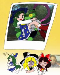  1boy 3girls ascot aurora_artz blonde_hair blue_capelet bow bowtie braid brown_hair capelet carrying carrying_person colored_sclera colored_skin colored_teeth crooked_teeth deltarune detached_sleeves frilled_bow frilled_hair_tubes frills gerson_boom ghost_tail green_eyes green_hair green_skin hair_bow hair_tubes hakurei_reimu hat holding kirisame_marisa long_hair meme_request mima_(touhou) multiple_girls nervous_sweating nontraditional_miko open_mouth red_bow ribbon ribbon-trimmed_sleeves ribbon_trim shirt short_hair single_braid smile star_(symbol) star_print sun_print sun_symbol sweat teeth touhou touhou_(pc-98) turtle_boy utdr_(toby_fox) witch_hat wizard_hat yellow_ascot yellow_bow yellow_bowtie yellow_sclera yellow_teeth zun_(style) 