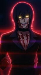  1boy blood blue_hair element_kof m.u.g.e.n male_focus open_mouth solo yellow_eyes 