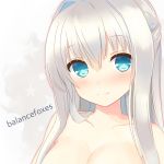  1girl artist_name bare_shoulders blue_eyes blush breasts cleavage collarbone grey_background long_hair looking_at_viewer original out-of-frame_censoring revision silver_hair simple_background smile solo tianping_hu topless upper_body 