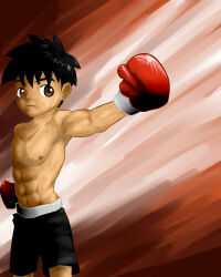  1boy bad_id bad_pixiv_id black_hair black_shorts boxer boxing boxing_gloves boxing_shorts brown_background brown_hair dark-skinned_male dark_skin gloves light_smile looking_to_the_side muscular muscular_male original p-kc_(artist) punching red_gloves shorts sidelighting spiky_hair upper_body 