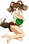  1girl animal_ears ass barefoot blush brown_hair dog_ears food fruit highres hug legs long_hair looking_at_viewer no_panties original ribbon shirt simple_background skirt sleeveless sleeveless_shirt smile solo tail toe_scrunch twintails violet_eyes watermelon white_background 