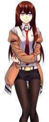  1girl arm_belt belt black_pantyhose black_shorts blush breasts brown_hair collared_shirt cowboy_shot hair_between_eyes highres ikuhashi_muiko jacket long_hair long_sleeves looking_at_viewer makise_kurisu necktie open_clothes open_jacket pantyhose pantyhose_under_shorts purple_trim red_necktie science_adventure shirt short_shorts shorts simple_background smile solo standing steins;gate violet_eyes white_background white_shirt 