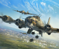  aircraft aircraft_turret airplane artist_name b-17_flying_fortress ball_turret blue_sky bomb bomber browning_m2 clouds contrail english_commentary explosive flying gun heavy_machine_gun highres julien_lepelletier machine_gun making-of_available male_focus military military_vehicle multiple_boys nose_art original outdoors propeller scenery signature sky united_states_air_force united_states_army vehicle_focus weapon world_war_ii 