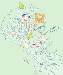  1girl animal_ears blue_eyes blush cat choker closed_eyes dreaming drooling ear_covers english_text hair_between_eyes horse_ears horse_girl horse_tail jacket looking_at_viewer lying nova_borealis on_back open_mouth puffy_short_sleeves puffy_sleeves sailor_collar seiun_sky_(reeling_in_the_big_one)_(umamusume) seiun_sky_(umamusume) shirt short_hair short_sleeves single_ear_cover skirt sleeping smile tail teeth track_jacket umamusume upper_teeth_only 