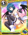  1girl artist_request black_legwear blue_background blue_eyes blue_hair breasts card_(medium) character_name chess_piece covered_nipples demon_wings gloves high_school_dxd large_breasts official_art rook_(chess) short_hair solo thigh-highs trading_card white_gloves wings yura_tsubasa 