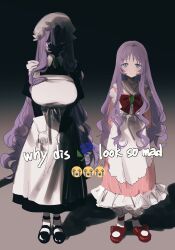  2girls age_difference aged_down apron apron_tug arms_behind_back black_dress black_shoes blue_eyes blush bow bowtie breasts brooch closed_mouth collared_dress commentary contrast_collar crying_emoji curly_hair dress dual_persona emoji english_text eurasia_(wtp09ptw14) eyes_in_shadow face_in_shadow flipped_sidelocks francoise_(eurasia) frilled_apron frilled_dress frilled_headwear frills full_body gem gloves green_gemstone hat height_difference highres jewelry juliet_sleeves large_breasts long_dress long_hair long_sleeves looking_at_viewer maid maid_apron meme mob_cap multiple_girls official_alternate_eye_color original parted_bangs pink_dress puffy_sleeves purple_hair red_bow red_bowtie red_shoes shadow shoes sidelighting socks standing symbol-only_commentary tears tears_from_one_eye time_paradox very_long_hair violet_eyes white_apron white_gloves white_hat white_sleeve_cuffs white_socks why_dis_ninja_look_so_mad_(meme) 