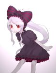  1girl adapted_costume bow disco_brando dress fang frilled_dress frills gothic_lolita hairband leaning_forward lolita_fashion lolita_hairband long_hair looking_at_viewer no_nose overlord_(maruyama) red_eyes shalltear_bloodfallen short_dress silver_hair smile solo vampire very_long_hair 