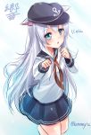  1girl :o absurdres anchor_symbol animal_ears artist_name blue_background blue_eyes blue_skirt blush cat_ears cat_tail character_name flat_cap hat hibiki_(kantai_collection) highres kantai_collection karumayu kemonomimi_mode long_hair long_sleeves looking_at_viewer neckerchief open_mouth parted_lips paw_pose pleated_skirt sailor_collar school_uniform serafuku shirt silver_hair simple_background skirt solo tail twitter_username very_long_hair white_hair white_shirt 