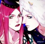  2boys blue_eyes brown_eyes collarbone dated hat horn jojo_no_kimyou_na_bouken lipstick long_hair lowres makeup male_focus multiple_boys narciso_anasui pink_hair pink_lipstick rena_(renasight) silver_hair sweatdrop weather_report 