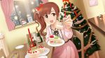  1girl alcohol artist_request bell blouse bottle bow bowtie brown_eyes brown_hair cake candle chair champagne champagne_flute christmas christmas_ornaments christmas_tree cup drinking_glass food frills hair_ribbon highres idolmaster idolmaster_cinderella_girls idolmaster_cinderella_girls_starlight_stage igarashi_kyouko indoors jewelry jpeg_artifacts lace-trimmed_ribbon long_hair looking_at_viewer merry_christmas official_art pendant plate ponytail pov_across_table pov_feeding ribbon room side_ponytail sitting skirt smile solo table window 