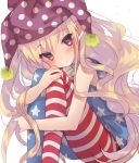 1girl american_flag_legwear american_flag_shirt blonde_hair blush clownpiece hat highres jester_cap long_hair looking_at_viewer open_mouth pantyhose red_eyes simple_background sitting sleeveless solo star striped touhou usamata white_background 