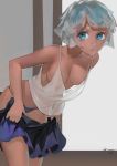  1girl absurdres bare_arms bare_shoulders bent_over black_panties blue_eyes breasts dark_skin highres kamachi_kamachi-ko looking_at_viewer no_bra open_clothes open_skirt original panties see-through silver_hair skirt solo tan undershirt underwear undressing 