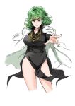  1girl alternate_breast_size artist_name black_dress breasts cosplay cropped_legs curly_hair dated dress fingernails fubuki_(onepunch_man) fubuki_(onepunch_man)_(cosplay) fur_coat green_eyes green_hair highres hips jacket_on_shoulders jewelry large_breasts nail_polish necklace onepunch_man outstretched_arm short_hair side_slit signature sketch smile solo tachibana_roku tatsumaki white_background 