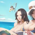  3girls b.bor barefoot beach bikini black_eyes black_hair blue_sky blurry blush boa_hancock breasts butterfly_wings character_request cleavage closed_mouth dress earrings fairy flower flying hat heart jewelry lily_(flower) long_hair looking_at_viewer multiple_girls nico_robin ocean one_piece out_of_frame sky sunglasses swimsuit very_long_hair water wings 