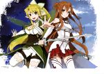  2girls absurdres asuna_(sao) blonde_hair breasts brown_eyes brown_hair cleavage detached_sleeves green_eyes hair_ornament highres holding_sword holding_weapon leafa long_hair looking_at_viewer multiple_girls open_mouth pleated_skirt pointy_ears ponytail red_skirt skirt smile sword sword_art_online takenashi_eri thigh-highs very_long_hair weapon white_legwear wings 