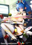  1girl animal_ears blue_hair blush breasts censored cookie cupcake floating food gloves huge_breasts long_hair mecha_musume potato_chips qurare_magic_library sitting smile snowball22 soda_can solo thigh-highs topless yellow_eyes 